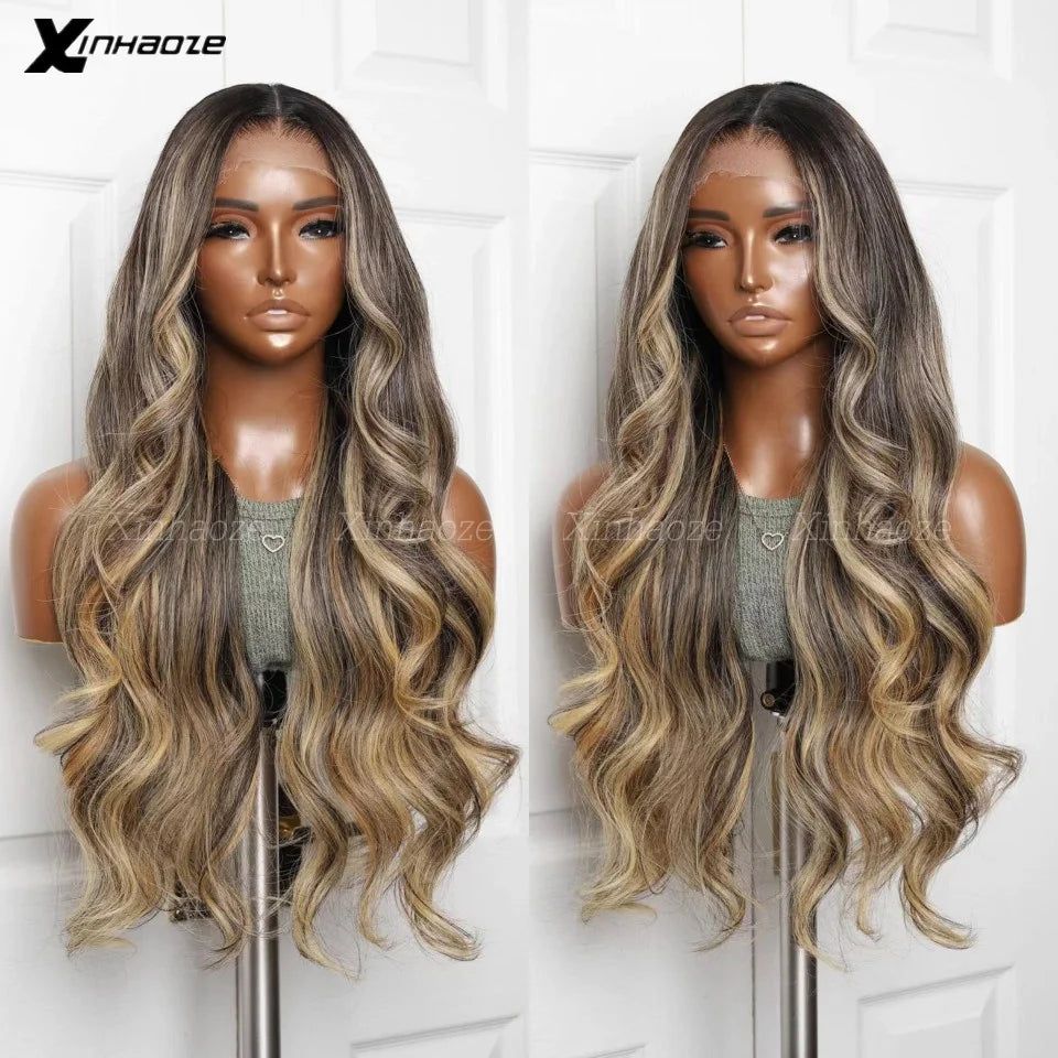 Peluca frontal de encaje 13x4 HD con reflejos, cabello humano, rubio miel, ondas corporales, pelucas frontales de encaje para mujer, sin pegamento, con parte superior de seda, prearrancada