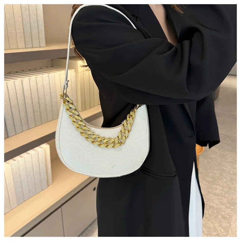 Fashion Women's Felt Handbag | Imitation Metal Chain Underarm Bag (Retro Ladies Solid Color Shoulder Bag, Trendy Casual Clutch Purse) Luxegan