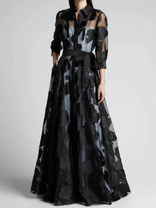 Polka Dot A-Line Maxi Dress | Turn-Down Collar 3/4 Sleeve Elegant Vintage Long Dress Luxegan