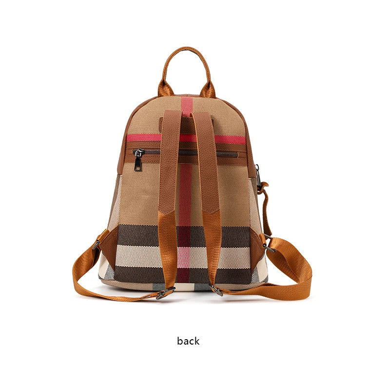 Canvas Preppy Style Backpack for Women | Trendy Plaid Designer Bag | High-End Cowhide & Canvas Fashionable Rucksack (Model Q1511) Luxegan