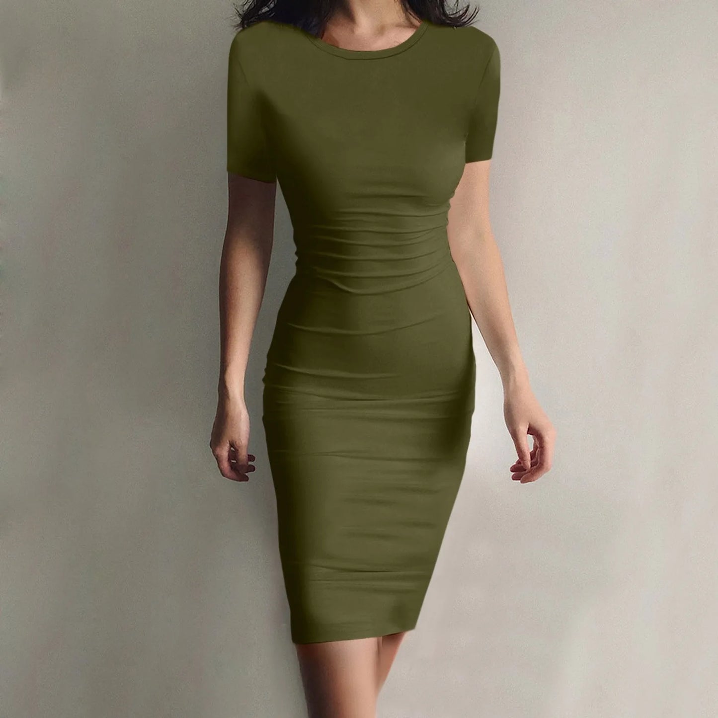 Women's Summer Tank Robe Casual Mini Dress | Sexy High-Stretch Short Sleeve Pencil Dress | Elegant Thin Solid Color A-Line Vestido | Spring O-Neck Applique Dress Model 1 Luxegan
