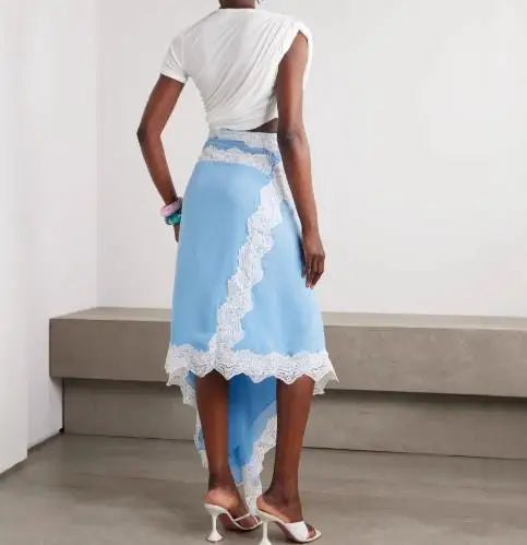 Women's Hollow Waist Lace Splicing Casual Dress | Spring Summer Solid Color Mid-Calf Dress | Elegant Round Neck Short Sleeve Sundress | Premium Non-Woven Slight Stretch A-Line Regular Fit Luxegan
