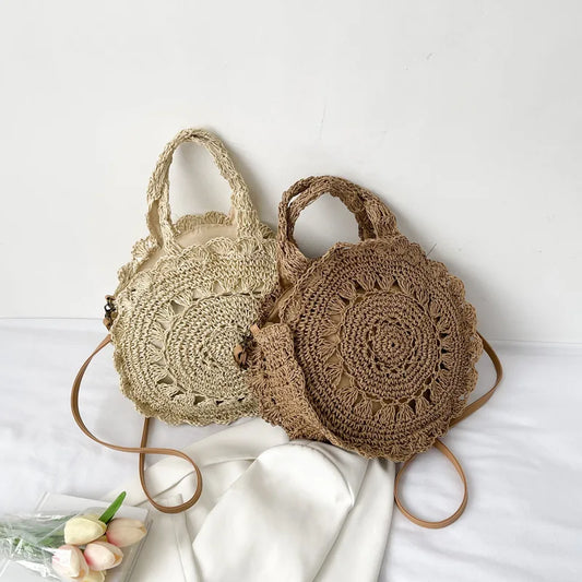 Summer Round Woven Straw Bag | Sophisticated Hollow-Out Handle Rattan Tote | Elegant Circular Beach Shoulder Bag | "Dignified" Soft Knitted Shopper for Versatile Vacation Styling Luxegan