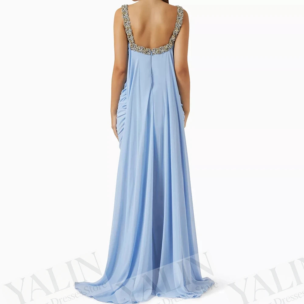 Crystal Draped Mermaid Evening Dress | Spaghetti Strap Sleeveless Floor-Length Prom Gown Luxegan