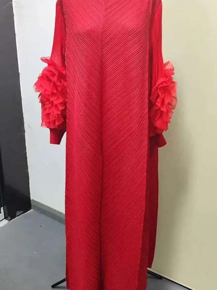 Pleated Lettuce Hem Maxi Dress | Turtleneck Full Sleeve Loose A-Line Casual Dress Luxegan