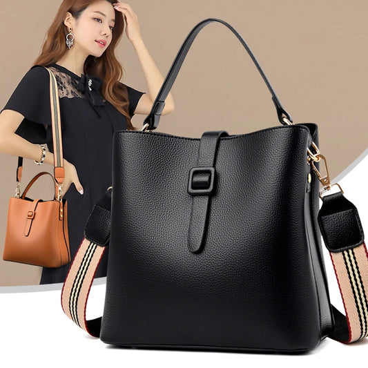 Fashionable Soft PU Leather Bucket Bag | Large Capacity Slant Crossbody Purse | Versatile Wide Shoulder Strap Handbag | Middle-Sized Casual Retro Bucket Tote for Women Luxegan