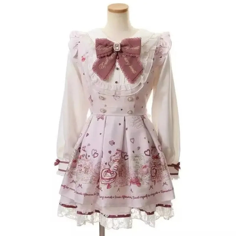 Gothic Vintage Y2K Japanese Style Dress Set | Elegant Lace Lolita Fashion Short Party Dress | Bow Tie Slim Fit Above Knee Mini Dress | Premium Tatting Regular Fit A-Line Luxegan