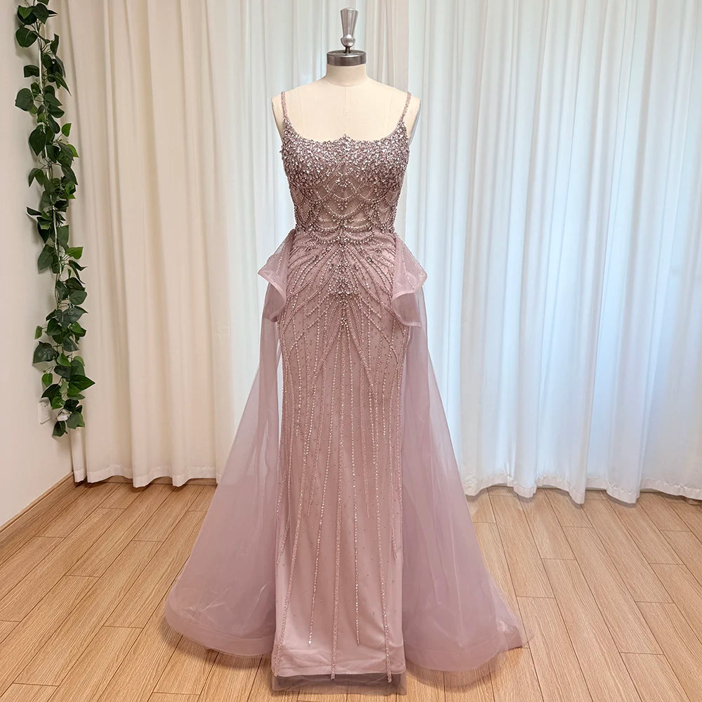 Luxury Beaded Mermaid Evening Dress with Detachable Overlay | Spaghetti-Strap Sweetheart Prom Gown | Crystal Sequined Floor-Length Formal Wedding Party Dress Luxegan