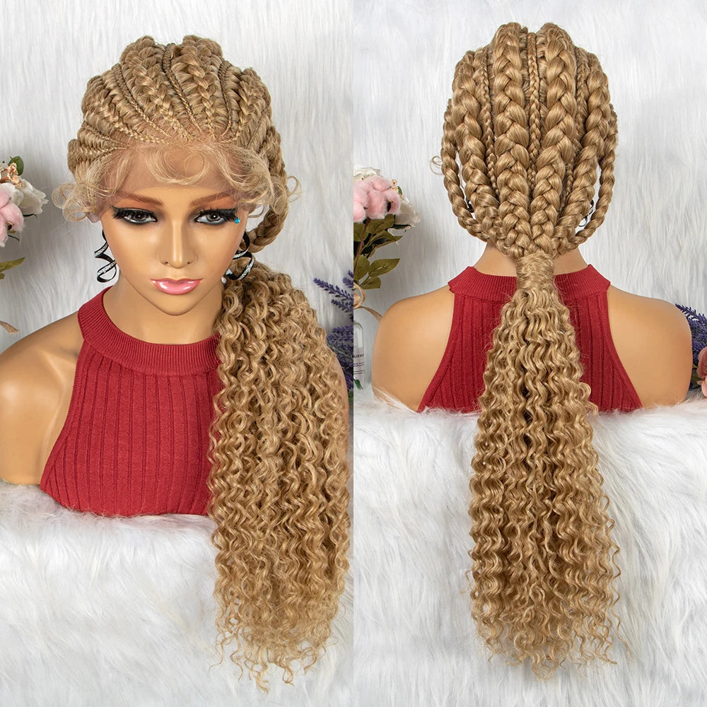 Lace Frontal Synthetic Braided Wigs Lace Front Braided Ponytail Wig Natural Knotless with Baby Hair for Black Women Daily Use Luxegan