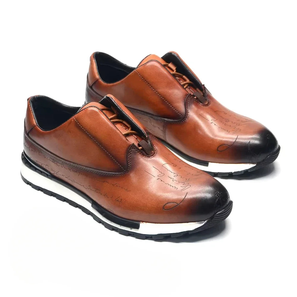 Luxury Brand Style Hand-Painted Sneakers | Sophisticated Genuine Cow Leather Lace-Ups | Elegant "Classic European" Silhouette | "Dignified" Anti-Slip Rubber Sole for Radiant Versatile Winter Styling Luxegan