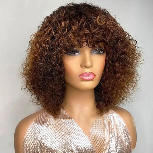 Rebecca 180% Density Highlight Kinky Curly Bob Wig with Bangs | Short Human Hair Full Machine Made Luxegan