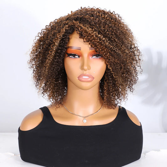 Dark Brown Afro Kinky Curly Human Hair Wig with Bangs - Full Machine-Made Glueless Short Jerry Curly Wig - 100% Brazilian Remy Human Hair Chocolate Brown Wig for Women (4-16 Inch) Luxegan