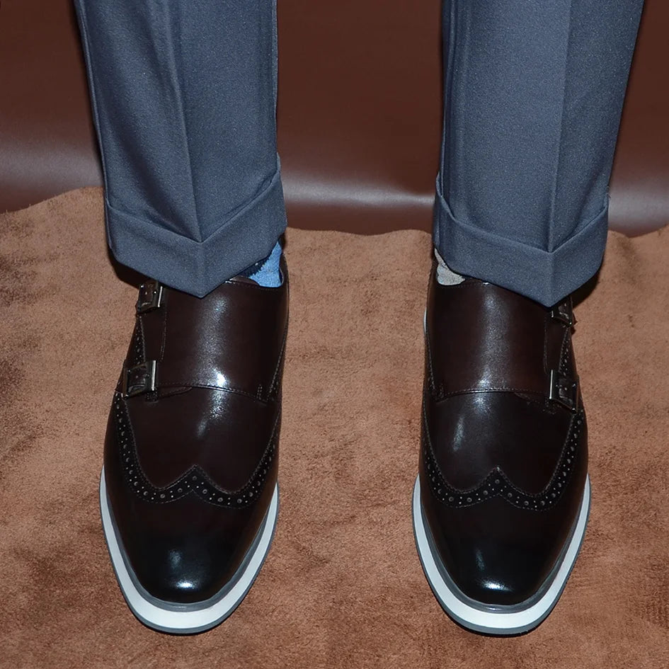 Classic European Luxury Monk Strap Sneakers | Sophisticated Double Buckle Wingtip Brogue | Elegant "Genuine Cow Leather & Suede" Silhouette | "Dignified" Sheepskin Insole & Non-Slip Rubber for Radiant Versatile Styling Luxegan
