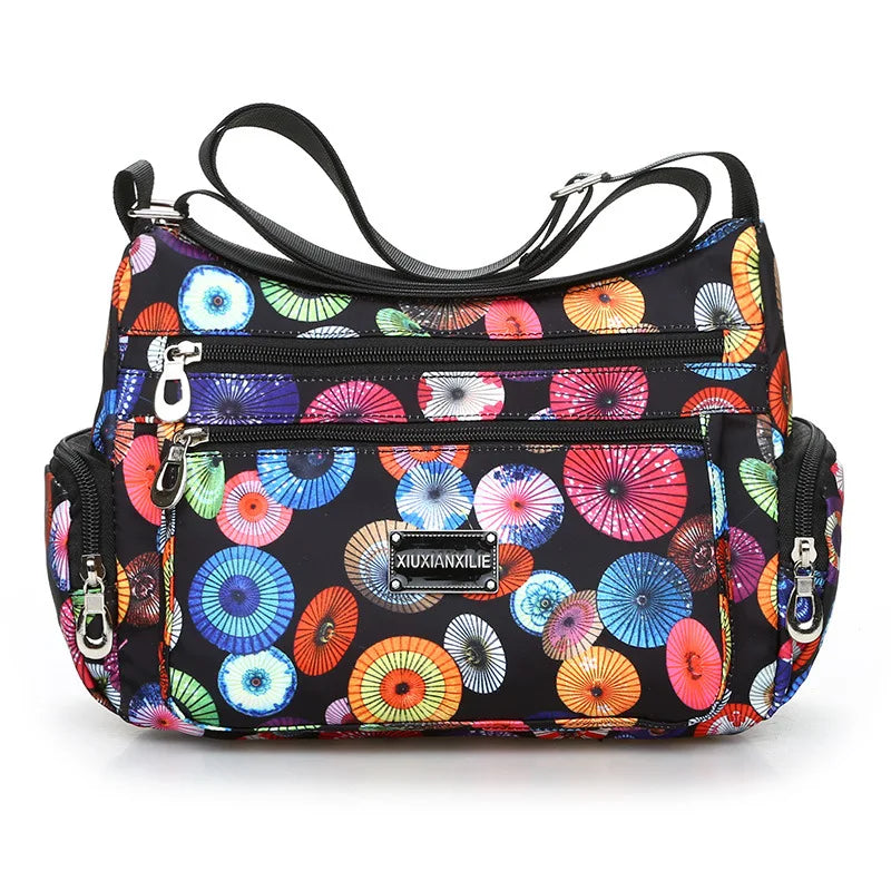 Floral Print Crossbody Bag for Women | Trendy Multi-Layer Nylon Shoulder Bag | Lightweight Travel Messenger & Satchel with Rivet Details Luxegan