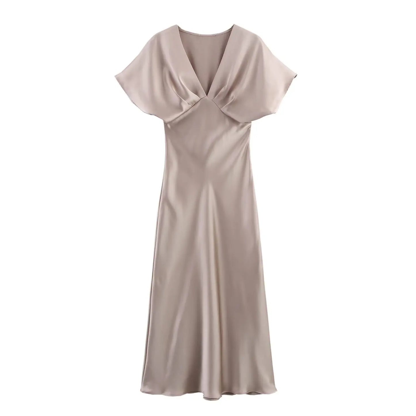 Women's Elegant Solid Satin Midi Dress | Sexy V-Neck Short Sleeve Evening Gown | New Fashion Summer Lady Holiday Party Dress | Premium Slim Fit Straight Vestido Model NZA23148 Luxegan