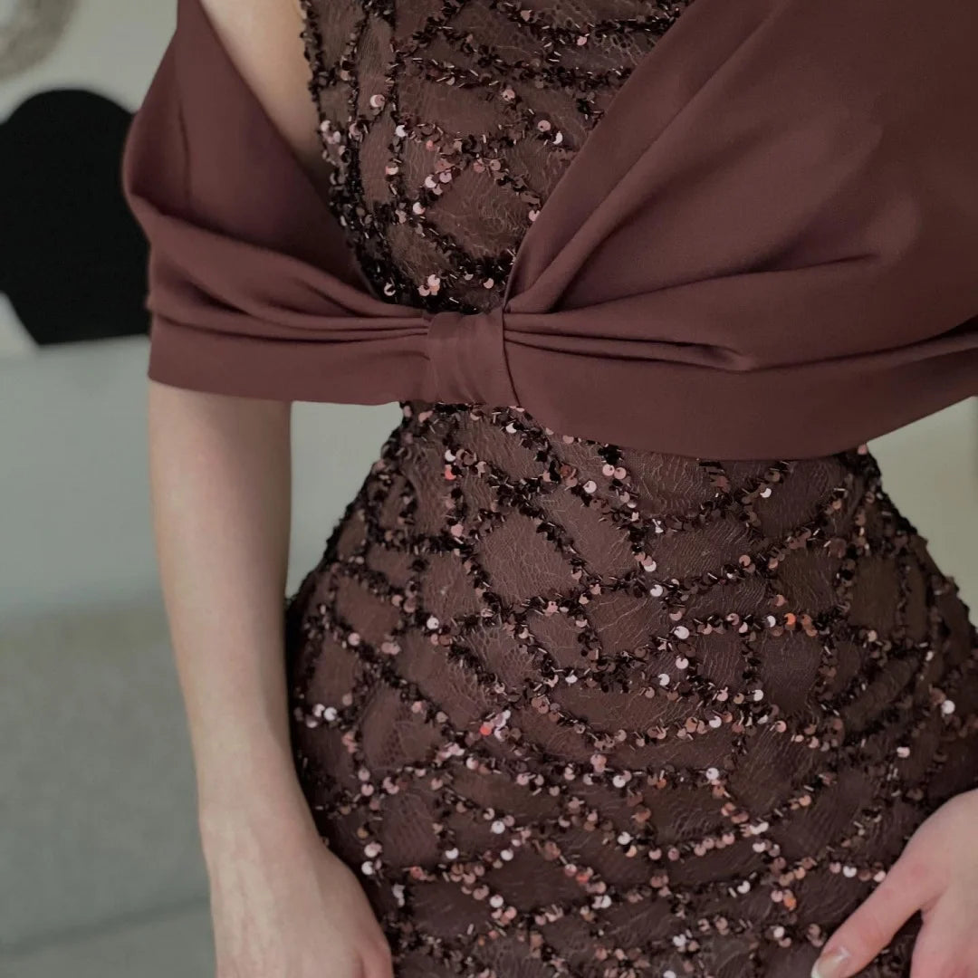 Bella Customized Dark Brown Square Neck Prom Dress Sequin Embellished Bow Shoulder Cape robes de soirée Slim-Fit Mermaid 2025