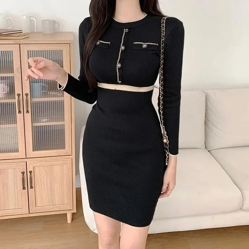 Button-Detail Knit Round Neck Full Sleeve Slim Sheath Mini Dress – Empire Waist, Autumn/Winter Luxegan