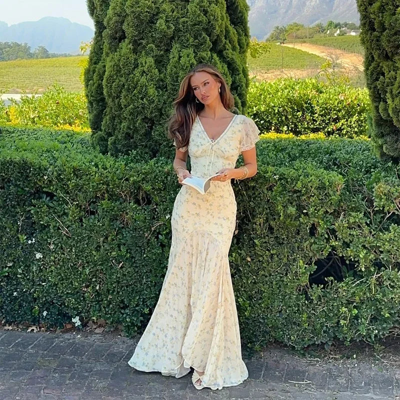 Flutter Sleeves Slim Long Dress Women Casual Pleated Deep V-neck Floral Print High Waist Dresses 2026 Lady Summer Holiday Wear