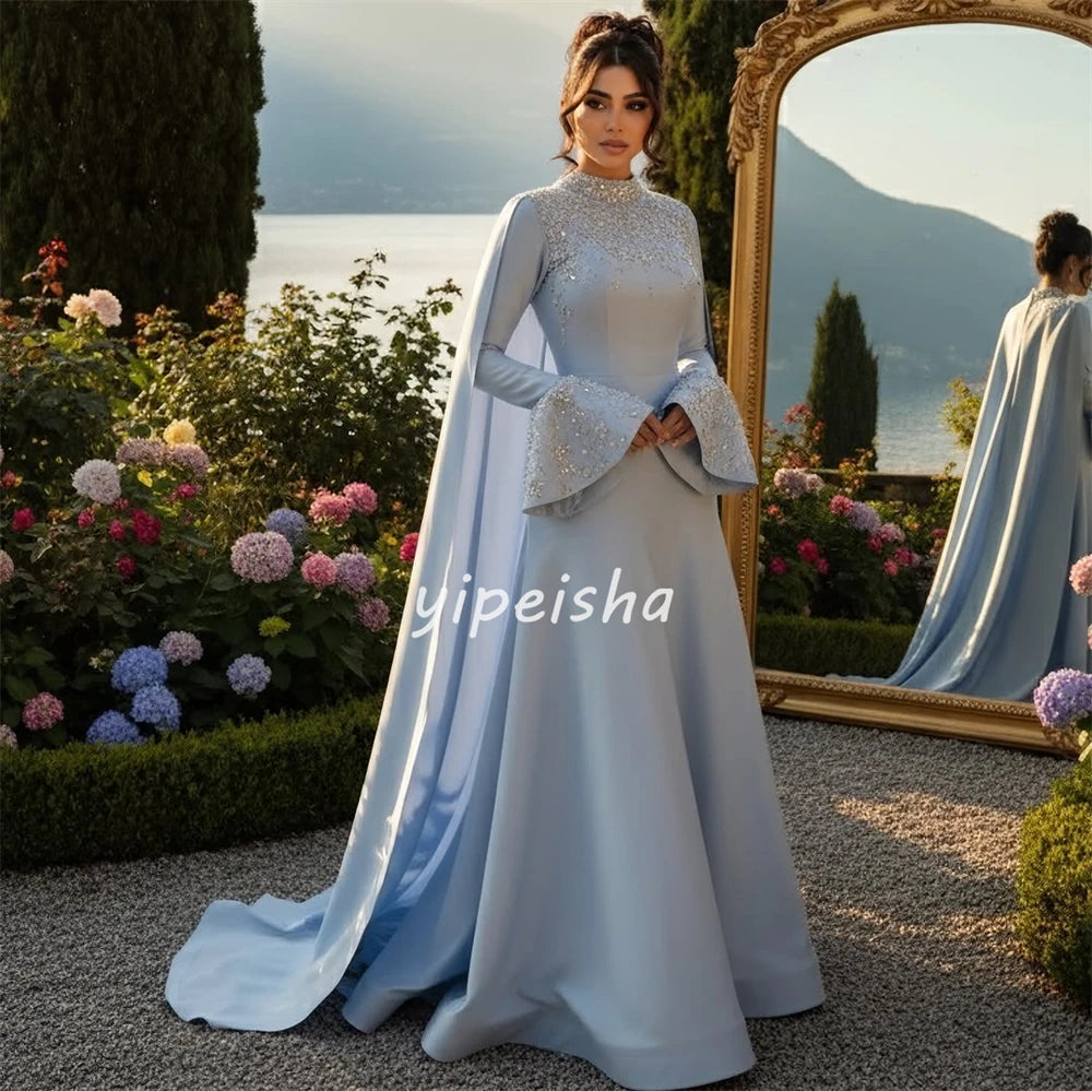 Elegant High-Collar Long Sleeve Jersey Evening Gown | Sophisticated "Crystal Ruched" Silhouette | Premium A-Line Prom Dress for Formal Evenings | Famous Brand Model wcy Simple Essential for Timeless Styling Luxegan