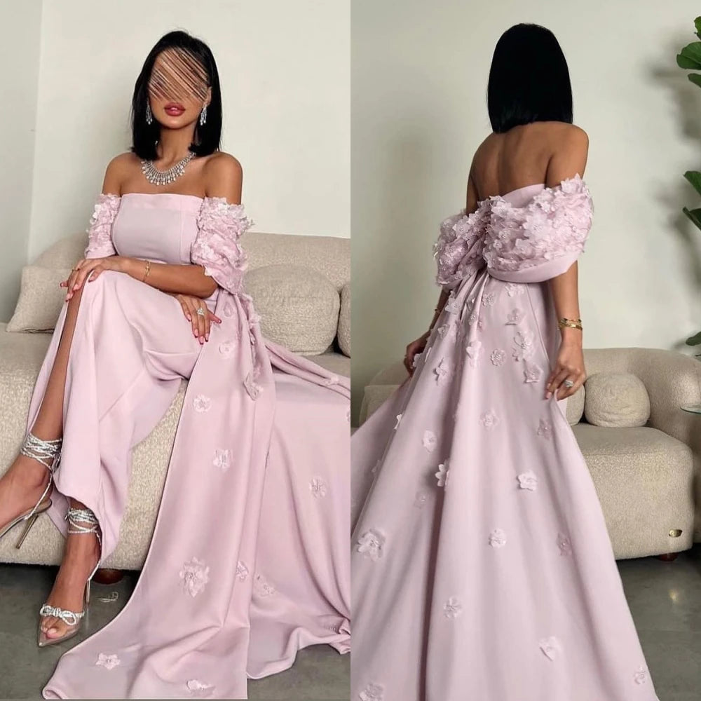 Appliqué Off-the-Shoulder Short Sleeve A-Line Floor-Length Formal Evening Dress – Polyester Satin, Built-In Bra, Natural Waist Luxegan