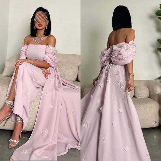 Appliqué Off-the-Shoulder Short Sleeve A-Line Floor-Length Formal Evening Dress – Polyester Satin, Built-In Bra, Natural Waist Luxegan
