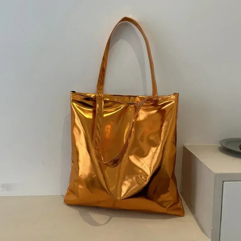 Glossy Fashion Tote Bag | Sophisticated High-Capacity Shopping Pouch | Elegant Shiny Casual Female Purse | "Dignified" Soft TPU Handbag with Top Handles for Versatile Daily Styling Luxegan