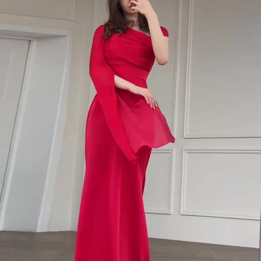 One-Shoulder Hollow Out Satin Spliced Maxi Dress | Long Sleeve Asymmetric Sheath Elegant Party Dress uxegan