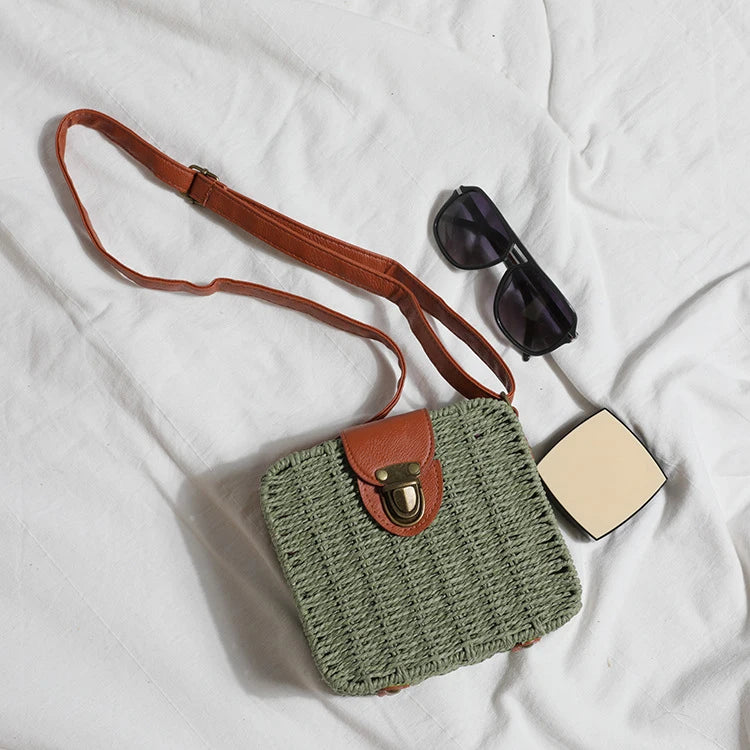 Bohemian Straw Flap Crossbody Bag | Sophisticated Small Knitting Summer Purse | Elegant Vacational Beach Handbag | "Dignified" Hard-Shell Square Bag for Versatile Seasonal Styling Luxegan