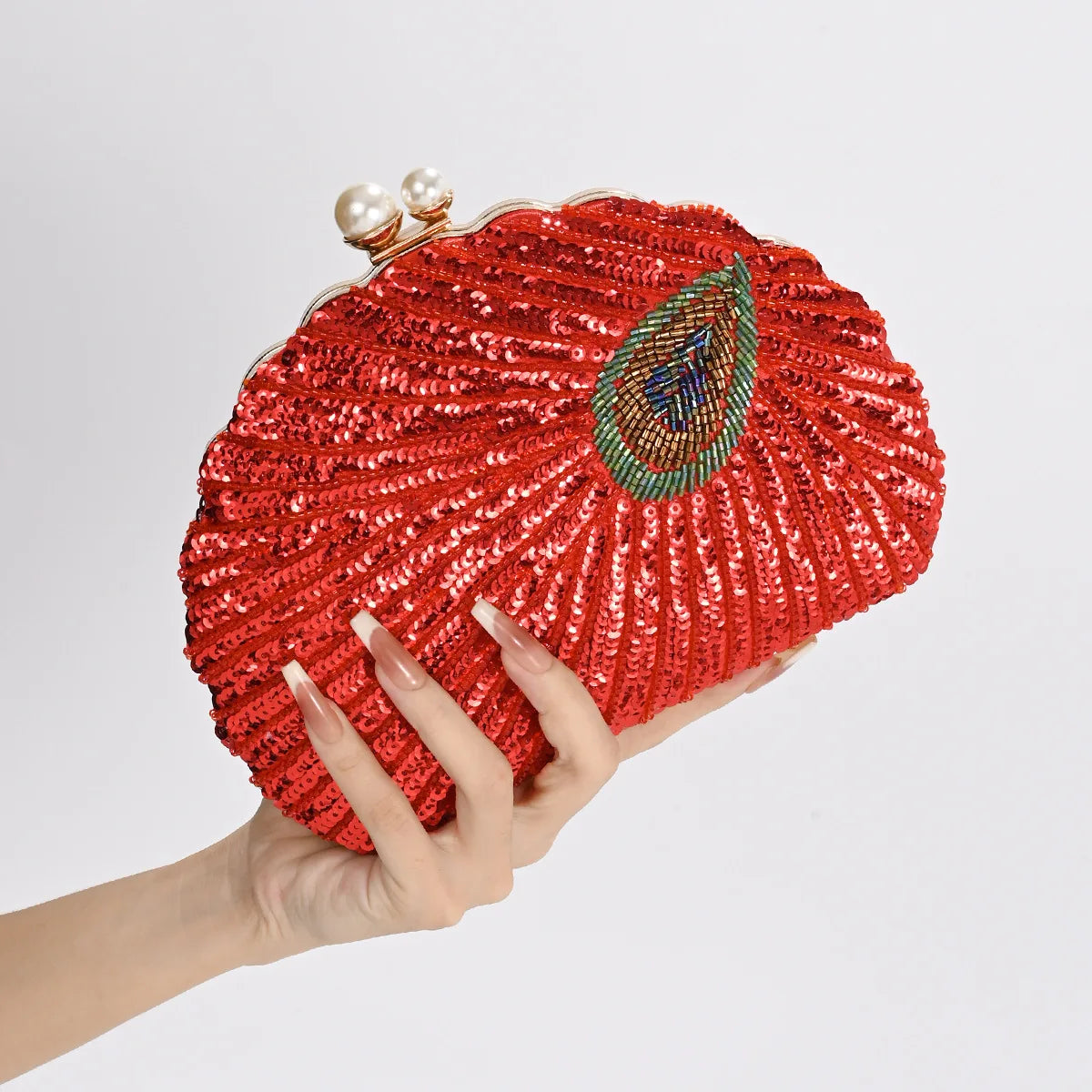 Retro Embroidery Sequin Shell Clutch | Sophisticated "Bowling Shape" Silhouette | Luxury Designer Evening Handbag | "Dignified" High-Performance Polyester Essential for Radiant Versatile Styling Luxegan