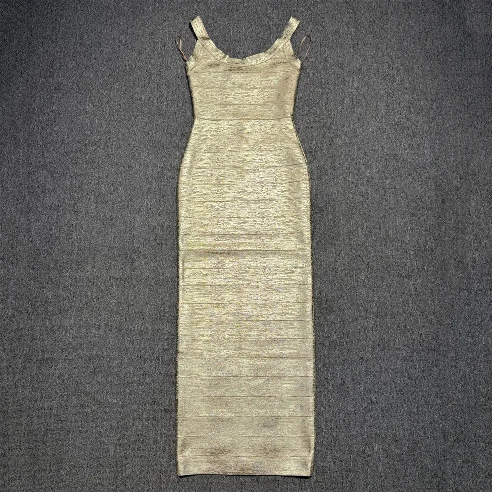 Hot Stamping Bandage Maxi Dress | Spaghetti Strap Backless Sheath Celebrity Party Dress Luxegan