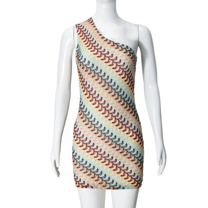 One-Shoulder Colorful Striped Bodycon Mini Dress Luxegan