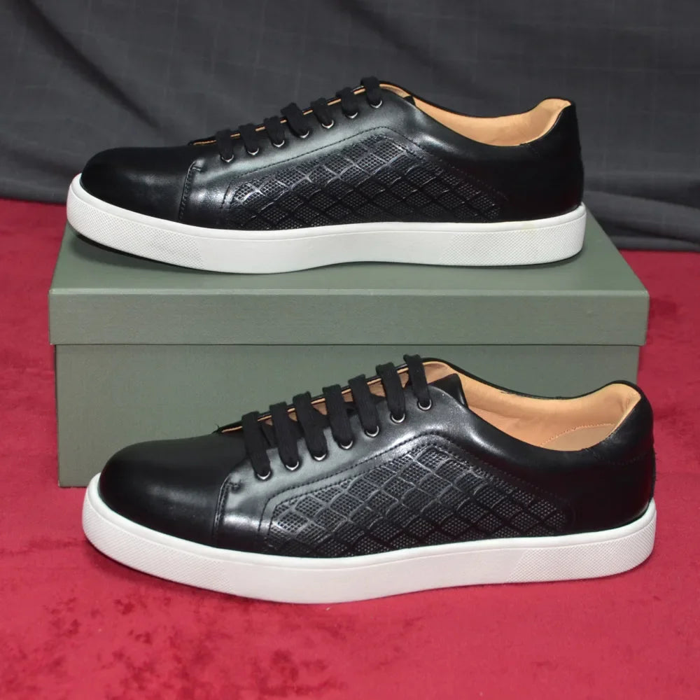 Luxury Designer Men's Genuine Leather Skateboard Sneakers | Classic Black, White & Brown Lace-Up Casual Oxfords Luxegan