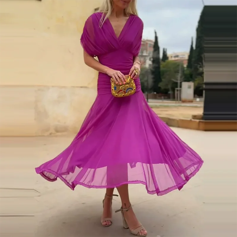 V-Neck Shawl Sleeve Pleated Maxi Dress | Floral Print Hollow Out High Waist Banquet Dress Luxegan