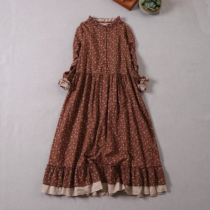 Women's Japanese Mori Girl Vintage Floral Print Dress | Elegant Ruffled Neckline Long Sleeve Cotton Gown | Retro Casual Loose A-Line Robe | Premium Natural Fiber Slight Stretch Ankle-Length Luxegan