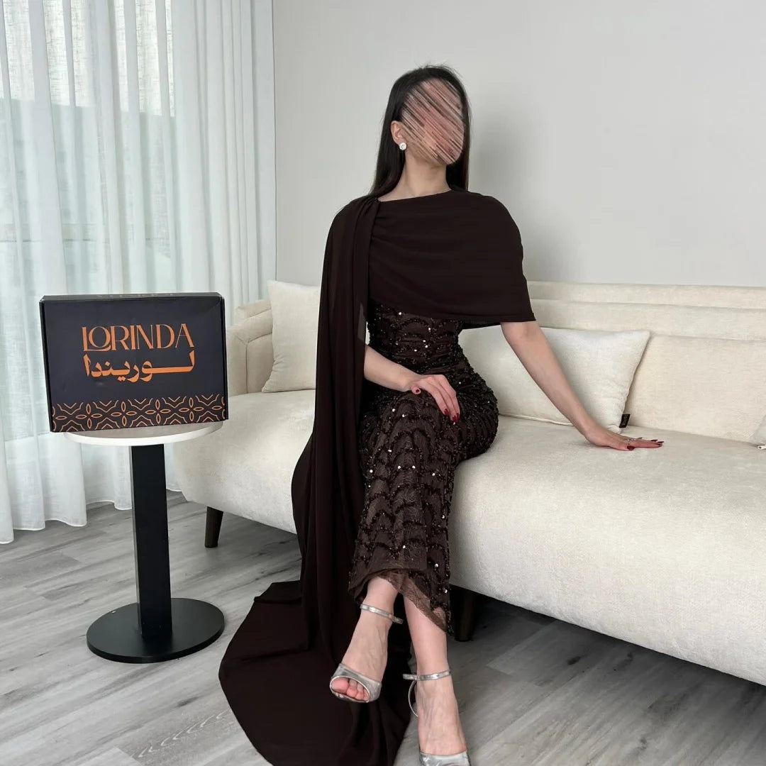 Bella Custom Chocolate Brown Sequin Graduation Dress | Elegant One-Shoulder Capelet Inspired Strapless Gown | Luxurious Knit Silk Backless Party Dress | Classic Knee-Length A-Line Formal Evening Wear Luxegan