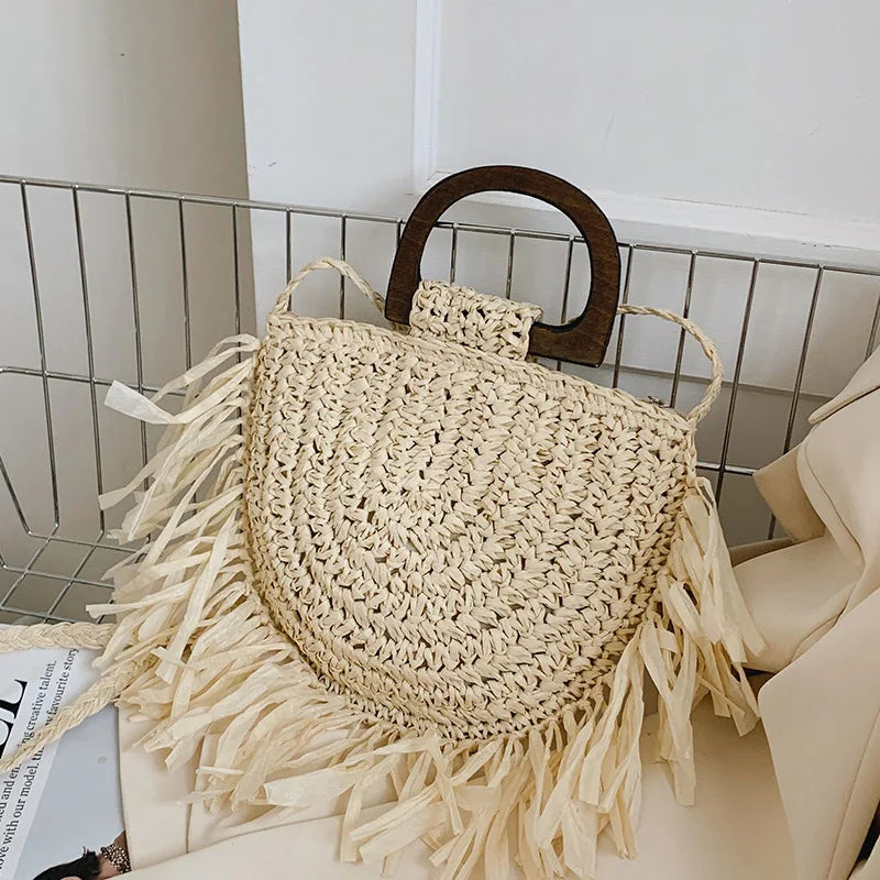 Handmade Semicircle Straw Bag | Sophisticated Woven Bohemian Crossbody | Elegant Holiday Beach Basket | Luxury "Dignified" Casual Shopping Tote with Tassel Decoration Luxegan