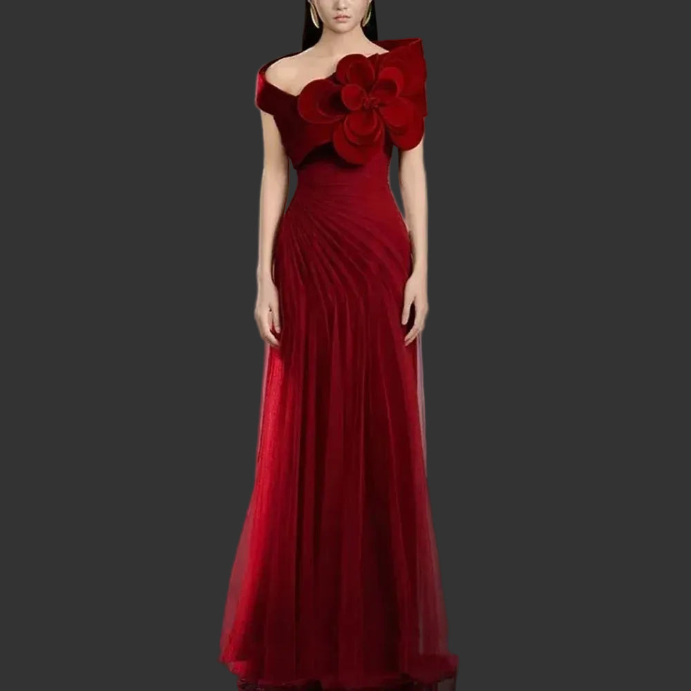 3D Flower Tulle Off-Shoulder Evening Gown | Backless Pearl Beaded Bespoke Formal Dress Luxegan