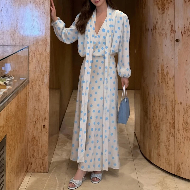 Women's Polka Dot Printed Satin Banquet Dress | Elegant High-Waist V-Neck Maxi Dress | Long-Sleeve Ruffle Spring Autumn A-Line Gown Luxegan