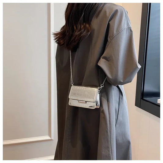 Vintage Chic Metallic Crossbody Bag | Luxury Designer Mini Square Handbag | Elegant Crocodile-Pattern Shoulder Bag | "Dignified" Structured Silver & Gold Satchel for Everyday Wear Luxegan