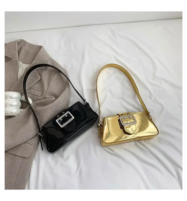 New Luxury Design Women's Glossy PU Leather Armpit Bag | Fashion Party Handbag (Patent Leather Silver Shoulder & Crossbody Bag) Luxegan
