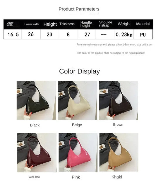 Trendy Designer Patent Leather Shoulder Bag | Sophisticated Solid Underarm Handbag | Elegant Fashion Hobo Purse | "Dignified" High-Shine PU Tote for Modern Urban Styling Luxegan