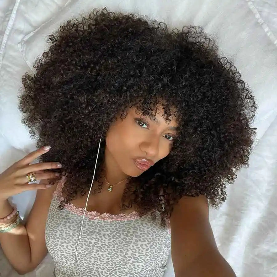 250% Density Afro Curly Short Bob Human Hair Wig with Bangs - Full Machine-Made Glueless Sparkle Curl Wig - 100% Brazilian Remy Human Hair Wear-and-Go Afro Fringe Wig for Black Women Luxegan