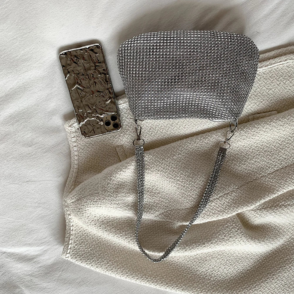 Bling Rhinestone Evening Clutch Bag | Women's Korean Designer Diamond Chain Dinner Party Handbag (Lady Square Tote Shoulder Bag) Luxegan
