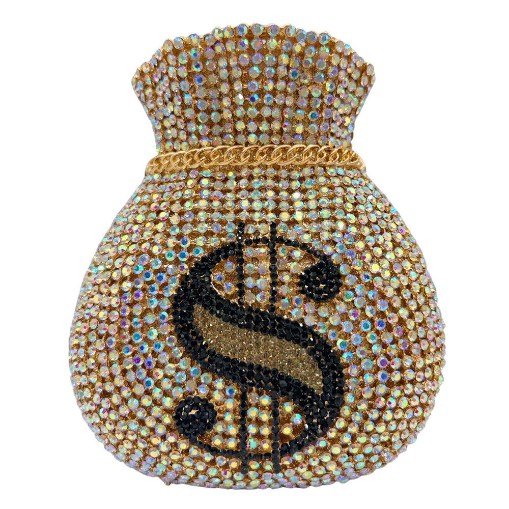 Lucky Coin Drawstring Evening Clutch | Sophisticated Diamond & Sequined Money Bag | Elegant Hollow-Out Gala Purse | "Dignified" Structured Metallic Handbag for High-Fashion Parties Luxegan