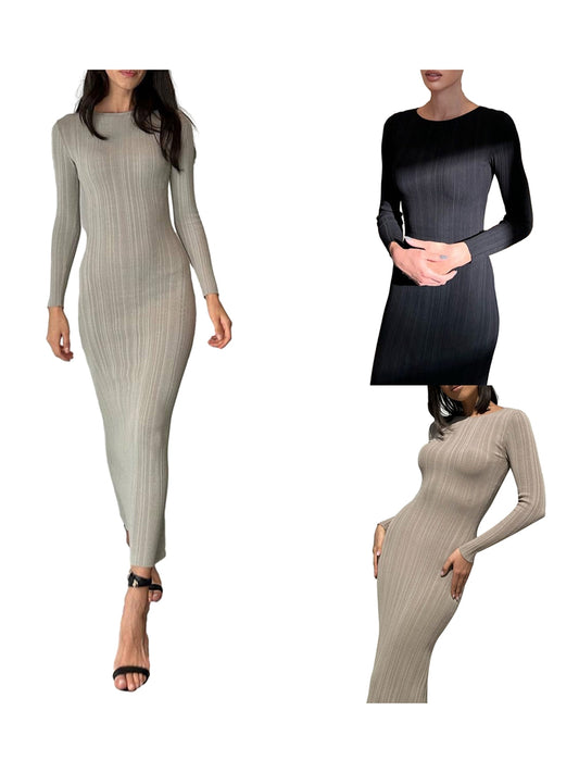Solid Color Bodycon Knit Dress | Sophisticated Ribbed Slim Fit Ankle-Length Gown | Elegant "Full Sleeve" Silhouette | "Dignified" High-Stretch Pullover Dress for Radiant Versatile Autumn Styling Luxegan