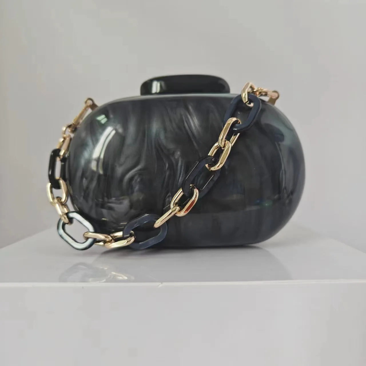 Acrylic Oval Evening Clutch | Sophisticated Hard-Shell Party Handbag | Elegant Prom Barrel-Shaped Purse | "Dignified" Modern Acrylic Phone Clutch with Stylish Chain Detail Luxegan