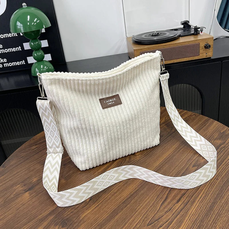 Solid Color Corduroy Messenger Bag | Casual Chic Women’s Bucket Bag | Versatile Crossbody & - view 11
