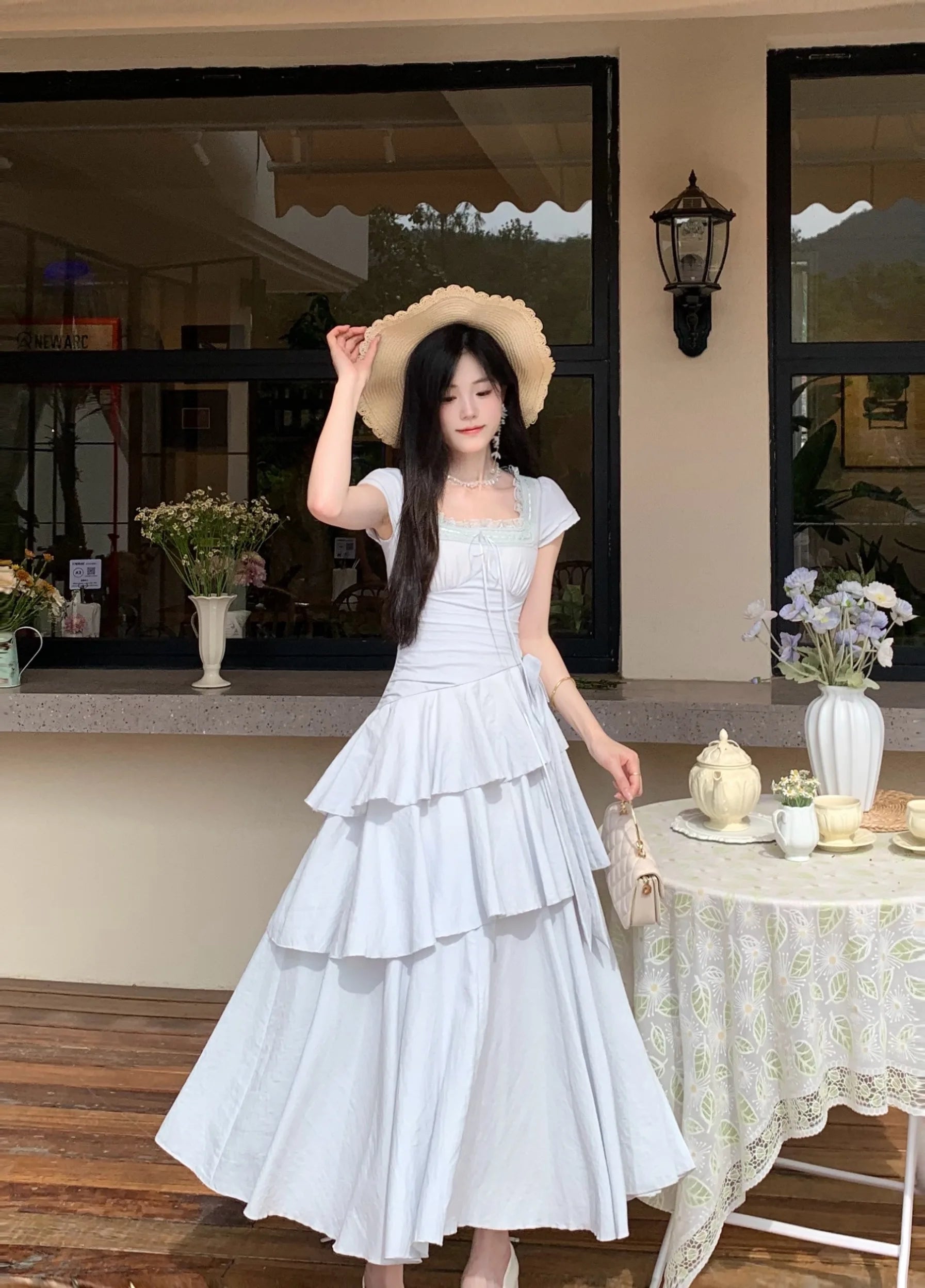 Women's Elegant Vintage Summer Midi Dress | Sweet Korean Style Irregular Evening Gown | Slim Fit A-Line Short Puff Sleeve Vestido | Premium Cotton Blend Bow Neckline Dress Luxegan