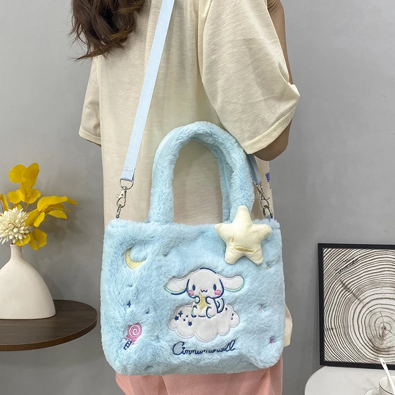 Kawaii Hello Kitty Plush Shoulder Bag | My Melody Cinnamoroll Kuromi Cute Cartoon Anime Handbag (Soft Storage Bag for Women & Girls) Luxegan
