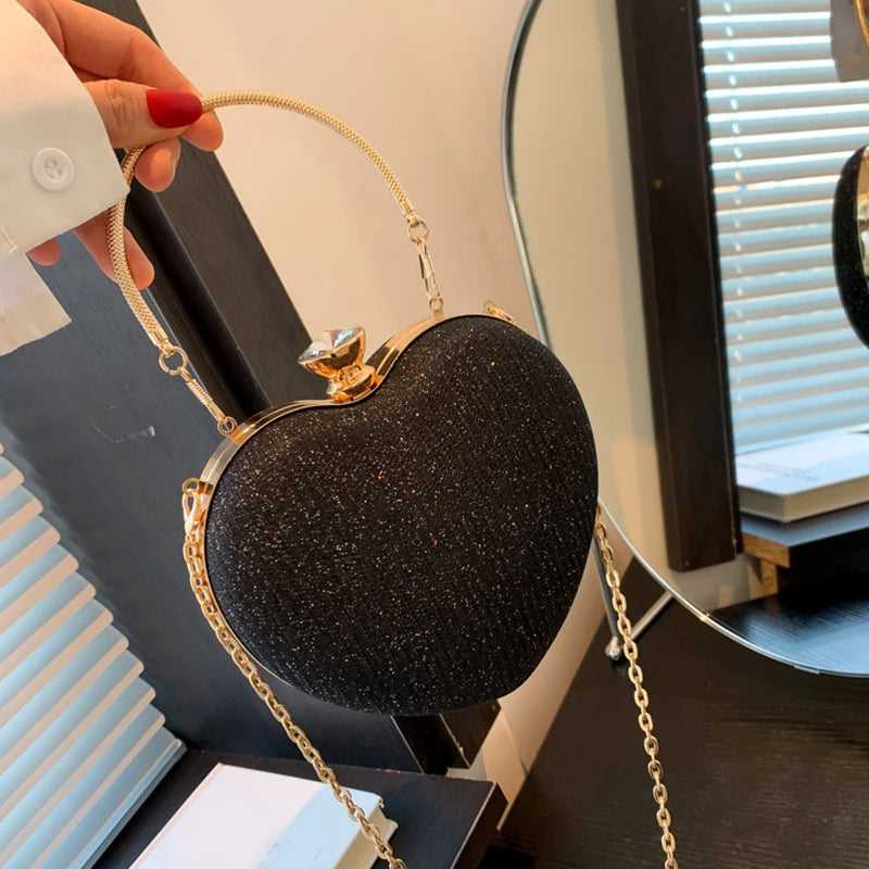 Shiny Heart Shape Metal Evening Clutch Bag for Women | Fashion Chain Shoulder Crossbody Bag (Luxury Lady Purse) Luxegan